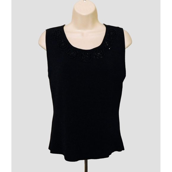 Finity Sweater Top L Black Beaded Floral Sleeveless Scoop Neck Rayon Blend - Picture 1 of 6